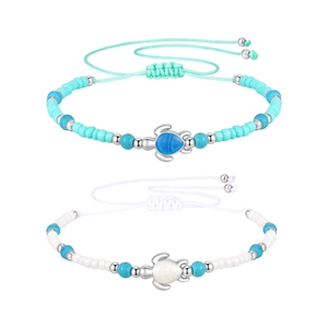 Adjustable ocean turquoise bead anklet set with sea turtle charms for beach vacation