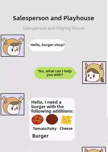 Educational wooden burger toy detail showing roleplay interaction and layered ingredients