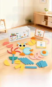 Macro detail of wooden geometric puzzles with reference cards and storage box