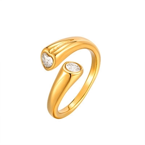 Gold stainless steel open ring featuring a sparkling heart and round cubic zirconia