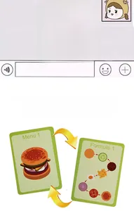 Detail of wooden burger toy with ingredient layers and recipe cards for creative role play