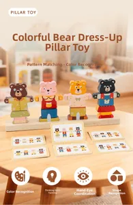 Detail showing wooden bear dressing pillar toy with logic matching cards for toddlers