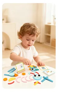 Macro detail of wooden geometric blocks with pastel colors and educational cards