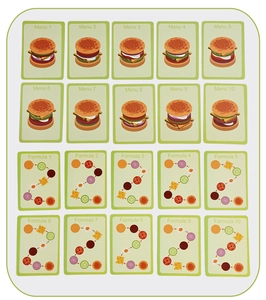 Detail view of 20 wooden burger puzzle matching cards with menu and formula guides