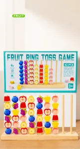 Detailed macro view of 42 colorful wooden fruit blocks and stacking rings for toddlers