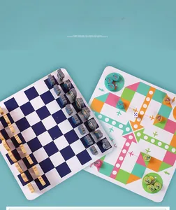 Detail of 2-in-1 wooden board game with cartoon chess and ludo pieces for kids