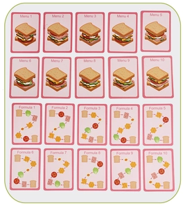 Detailed grid showing 20 educational sandwich recipe and menu cards for kids' learning
