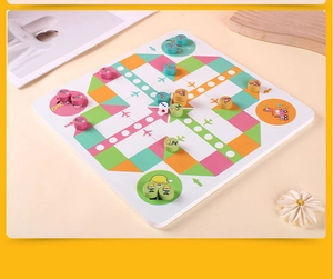 Detailed view of the 2-in-1 wooden Ludo board set with colorful cartoon pieces and dice