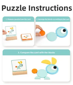 Three-step guide for wooden geometric block puzzle with animal cards and base
