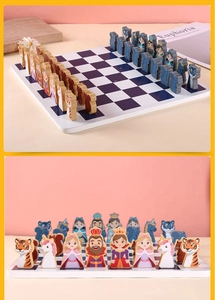 Detailed close-up of cartoon wooden chess pieces on a blue and purple square game board