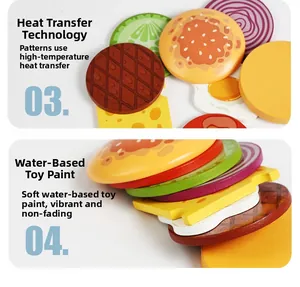 Detail of wooden play food burger with eco-friendly paint and heat transfer tech