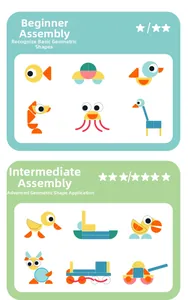 Educational geometric wooden blocks showing animals and vehicles assembly tutorials
