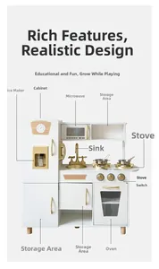 Detailed view of play kitchen features including microwave, stove, sink and oven knobs