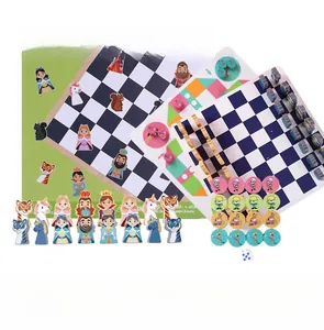 Detail view of 2-in-1 animal puzzle chess set with colorful board and character pieces