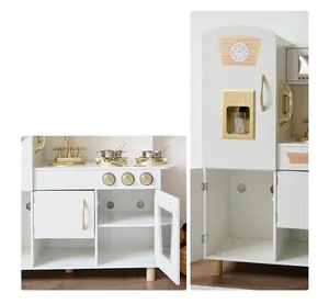 Detail showing large storage space and open shelving of the wooden kids play kitchen