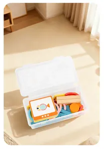Detailed view of colorful wooden blocks, storage box, and flashcards for early learning