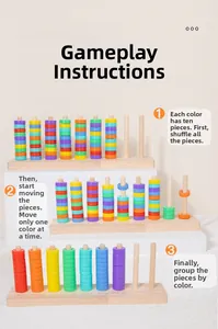 Detail of wooden math toy showing 70 colorful rings for sorting and counting logic