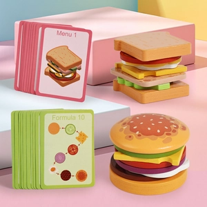 Wooden Simulation Mini Burger Sandwich Stacking Toy Children Pretend Play Food Educational Montessori Kitchen Toy For Kids