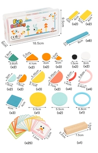 Detailed view of colorful wooden building blocks set with storage box and pattern cards