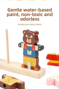 Detail of wooden bear stacking toy featuring non-toxic water-based paint and smooth finish