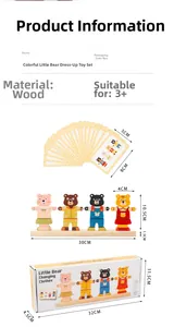 Detailed view of the wooden bear dress-up toy set with colorful base and packaging box