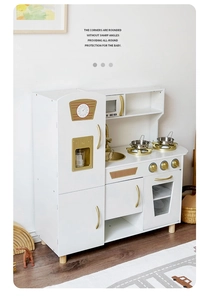 Detail view of the premium wooden kitchen toy set featuring rounded safety edges and gold finish