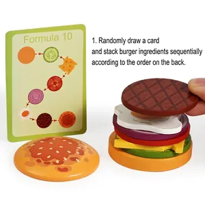Wooden hamburger stacking toy with layered food pieces and educational game card
