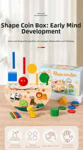 Detail of wooden Montessori shape sorter box with colorful geometric blocks and animals