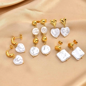 French Retro Stainless Steel 18K Gold Plated Imitation Artificial Baroque Pearl Drop Earrings For Women Elegant Fashion Jewelry Gift