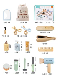 Dimensioni dettagliate degli accessori da barbiere in legno per bambini con borsa inclusa