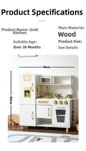 Detailed view of kids wooden toy kitchen set with dimensions in white and gold