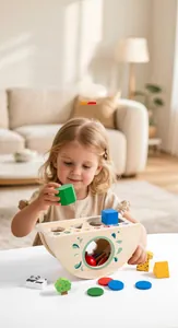 Close-up of wooden Montessori toy boat with colorful animal and geometric shapes