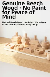 Macro shot of natural unpainted beech wood screw and nut educational toy with rope