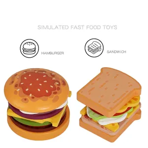 Wooden educational food toy set featuring realistic mini hamburger and sandwich models