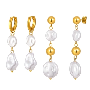 French-style pearl earrings in 18k gold plated stainless steel on a white background