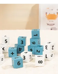 Detail of premium wooden math blocks showing numbers and operators on a soft fabric surface