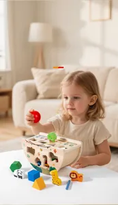 Detail of wooden Noah's Ark shape sorter box with smooth colorful animal blocks for kids
