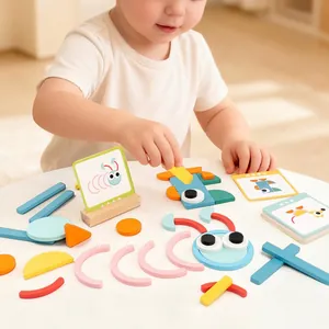 Creative wooden geometric puzzle set with colorful blocks and pattern cards for early learning