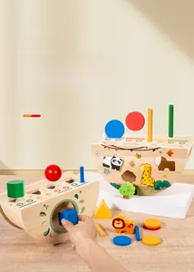 Detailed view of colorful wooden animal blocks and balancing base for early learning