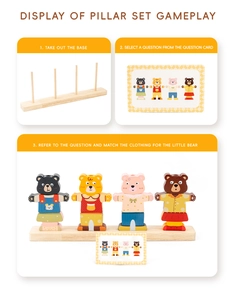 Educational wooden bear dressing pillar set with puzzle cards for toddler skill learning