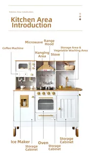 Detail view of wooden play kitchen with simulated coffee maker, microwave, and ice machine