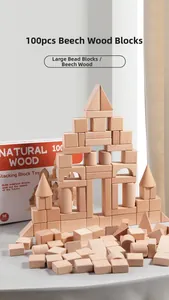 Close-up of 100pcs natural beech wood building blocks in various geometric shapes