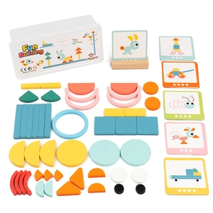 Colorful geometric wooden building blocks set with storage box and creative guide cards