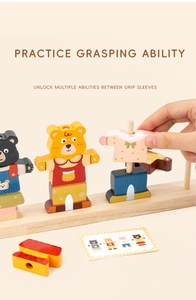 Close-up of child stacking wooden bear clothes on a sorting toy for color logic training