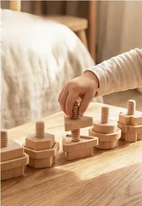 Close-up of child hands playing with wooden geometric screw matching toy set