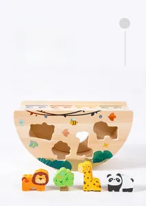 Detail of Montessori wooden animal blocks showing smooth edges and vibrant printed patterns