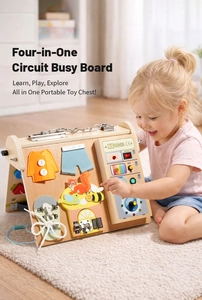 Wooden sensory busy board for toddlers with circuit switches, LED lights and motor skills