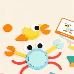 Creative geometric wooden puzzle blocks set for early learning with animal pattern cards