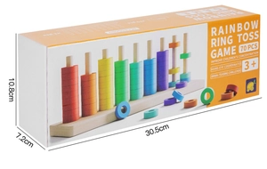 Rainbow ring toss game wooden toy box with dimensions 30.5cm x 10.8cm x 7.2cm and 70 pieces