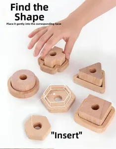 Close-up of wooden geometric blocks matching game for fine motor skills training